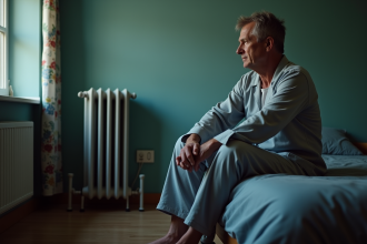 Homme en pyjama assis près d’un radiateur dans une chambre calme