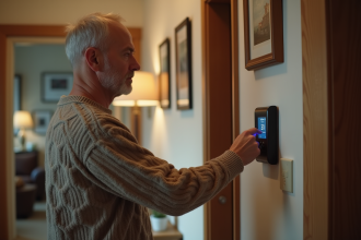 Homme d'âge moyen ajustant un thermostat numérique dans un intérieur chaleureux