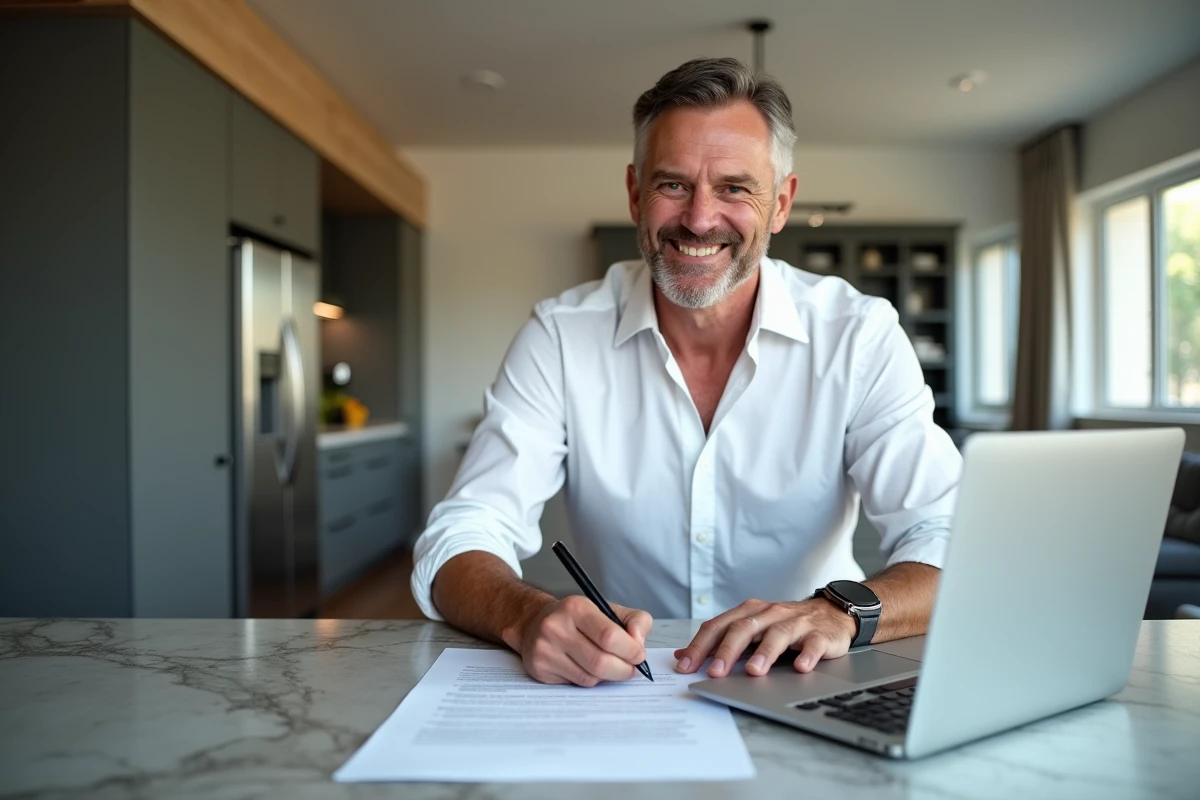 Homme signant un contrat immobilier à côté d'un ordinateur affichant un site d'achat immobilier en ligne sécurisé
