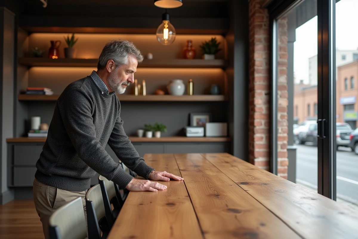 Homme en pull et chinos touche une grande table dans un loft industriel