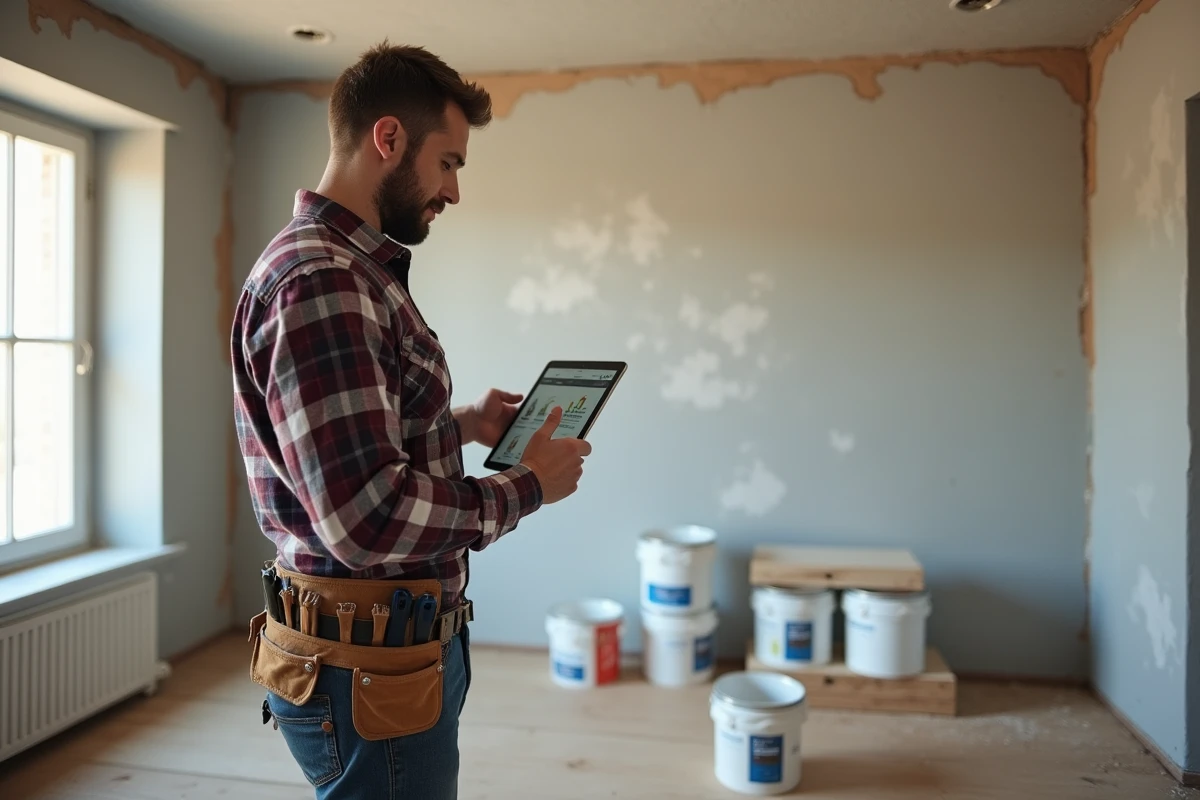 Homme consultant un site de travaux maison sur tablette dans un salon en cours de rénovation