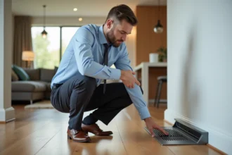 Homme d'âge moyen examine une ventilation moderne dans un intérieur élégant