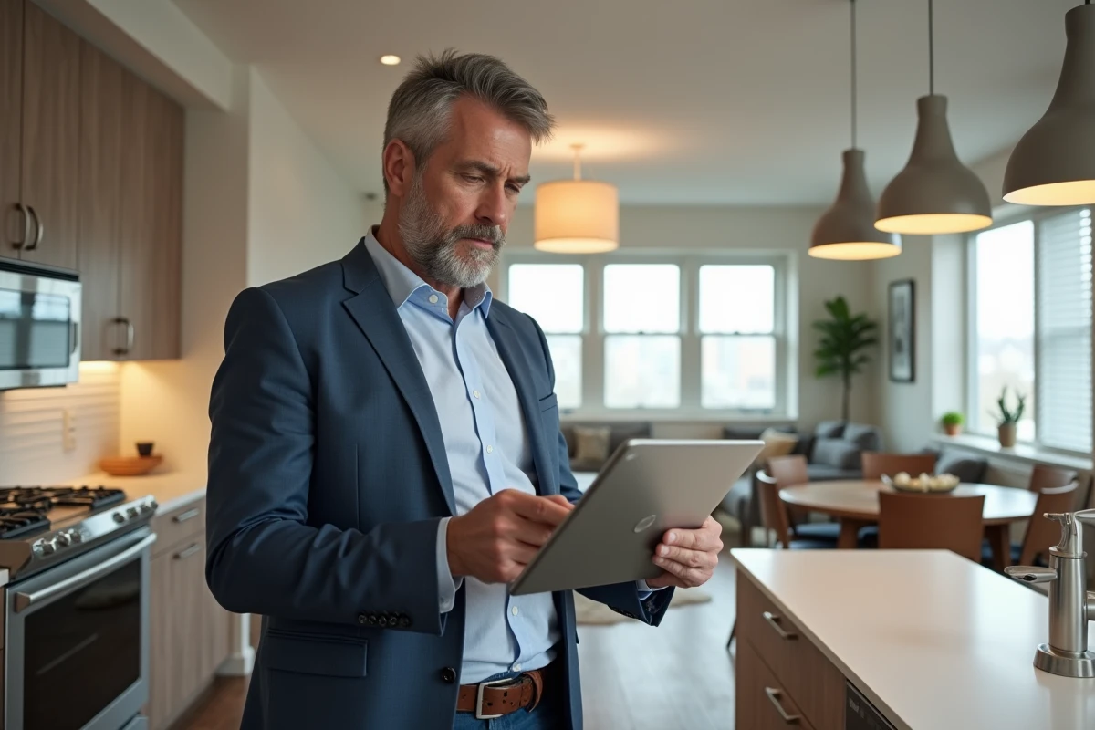 Homme d affaires vérifiant une liste dans une cuisine équipée