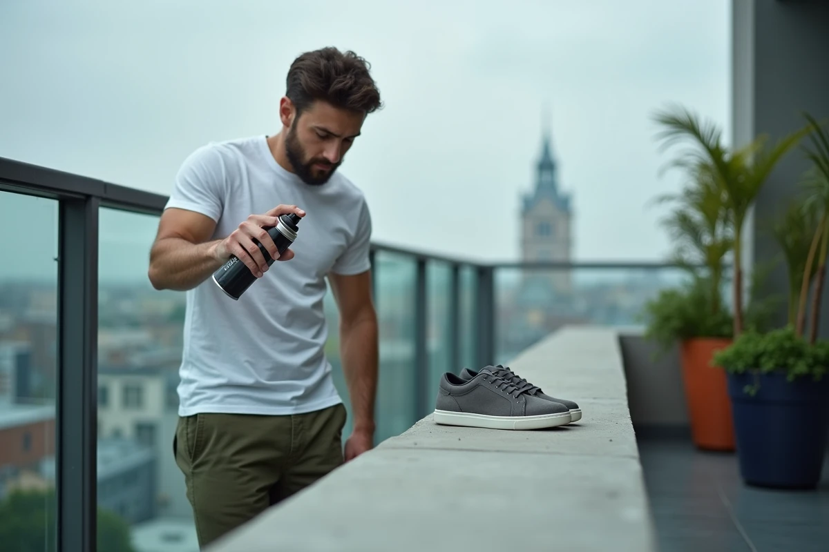 Homme appliquant un imperméabilisant en spray sur des sneakers en daim gris sur un balcon urbain