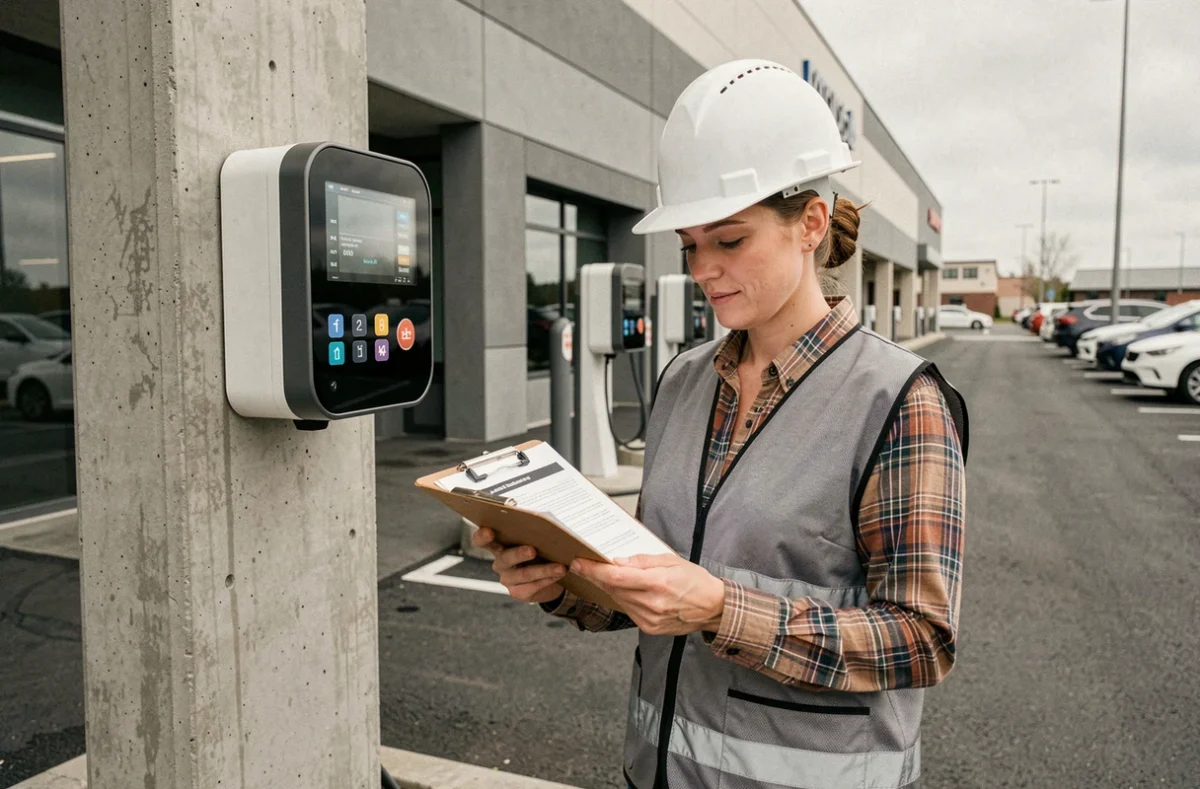 Ingénieure électricienne vérifiant les documents techniques devant une borne de recharge triphasée sur un parking commercial