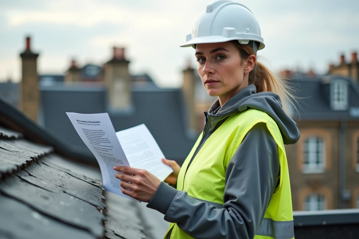 Inspectrice en bâtiment vérifiant la conformité des formats d'ardoise sur une toiture ancienne selon les DTU