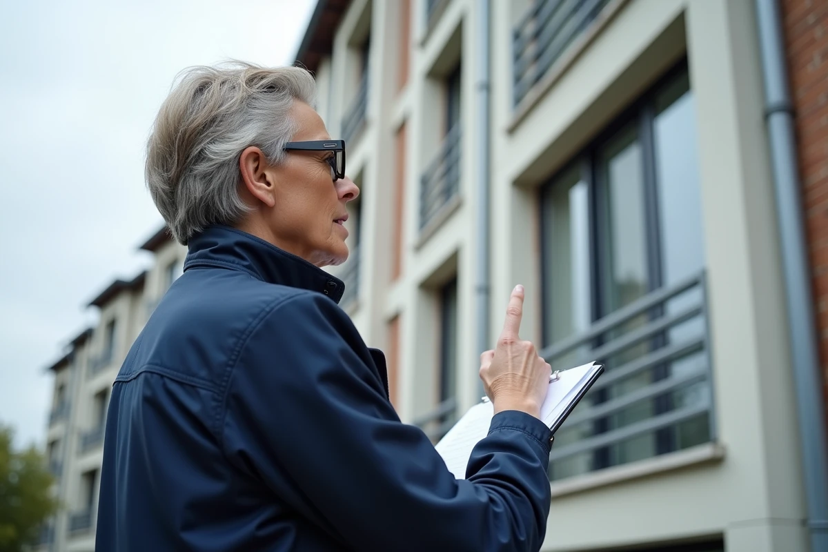 Inspectrice en bâtiment contrôlant la conformité des joints et des barrières coupe-feu d'une façade résidentielle selon les réglementations en vigueur