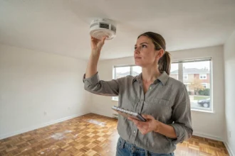 Femme inspectant un détecteur de fumée dans un appartement vide avant d'emménager, tenant une checklist sécurité