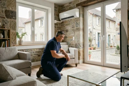 Technicien en climatisation travaillant sur une unité murale dans une maison de Meurthe-et-Moselle