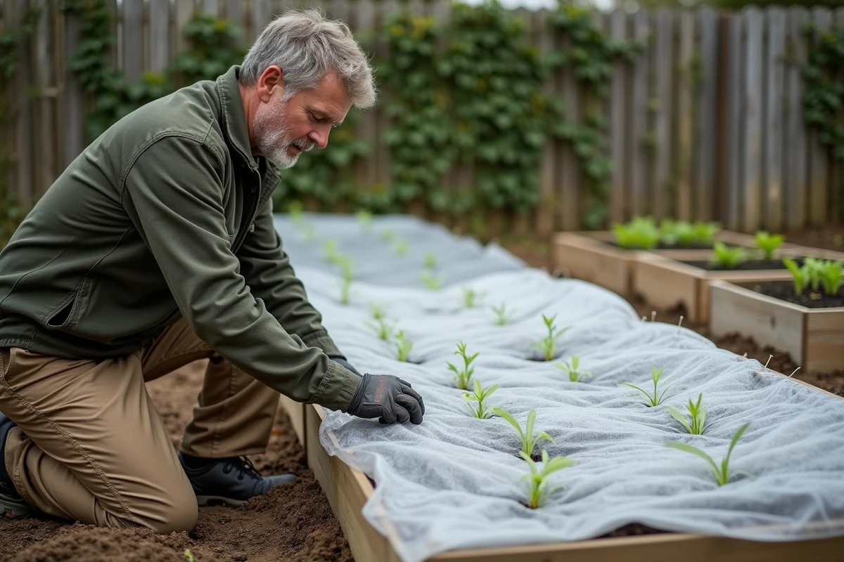 Homme installant une bâche à bulle cousue sur des rangs de légumes dans un potager surélevé au printemps