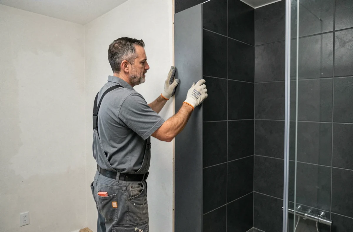 Pose de dalles murales PVC anthracite dans une salle de bain en rénovation par un artisan professionnel