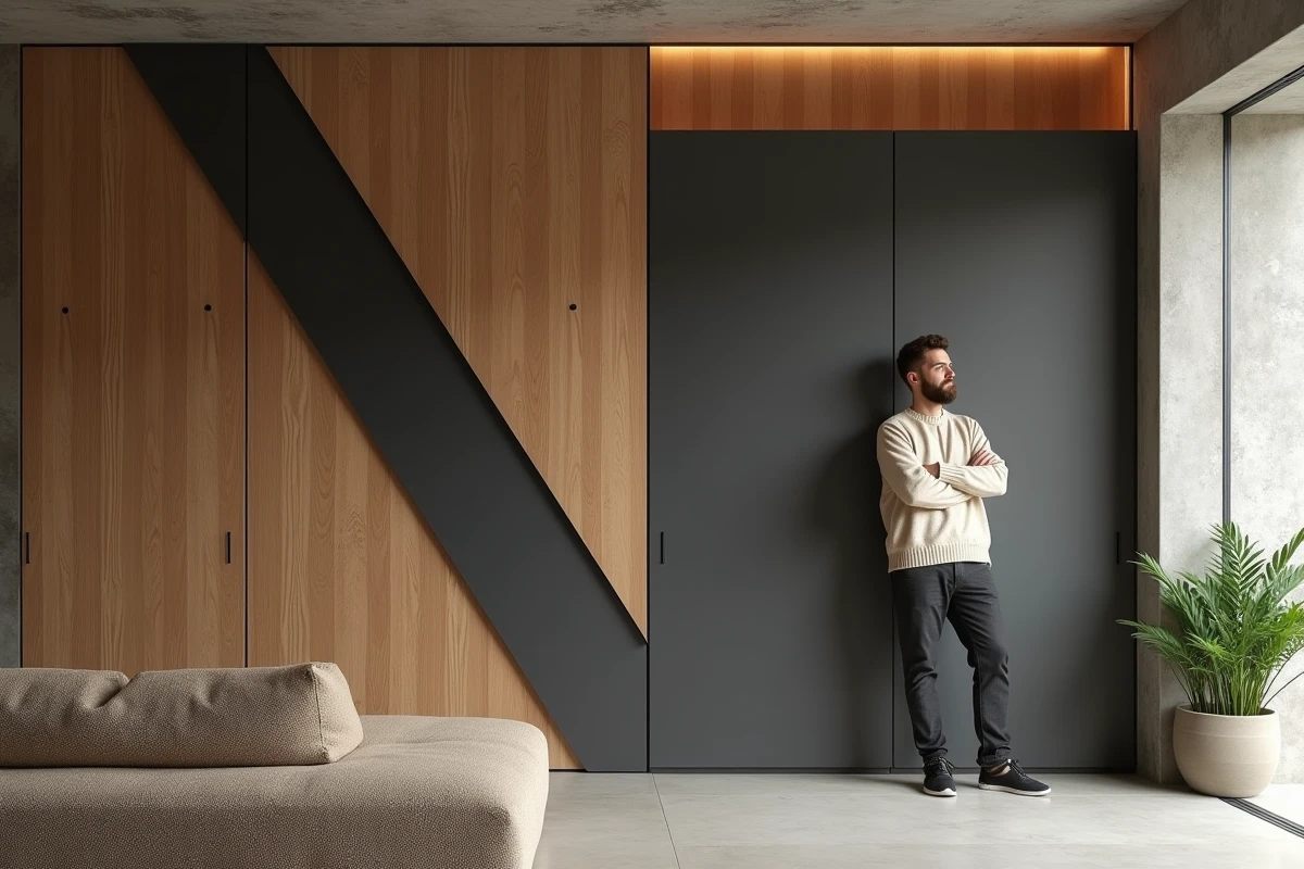 Homme contemplant une installation murale modulaire Delpherm dans un intérieur résidentiel contemporain haut de gamme en 2026