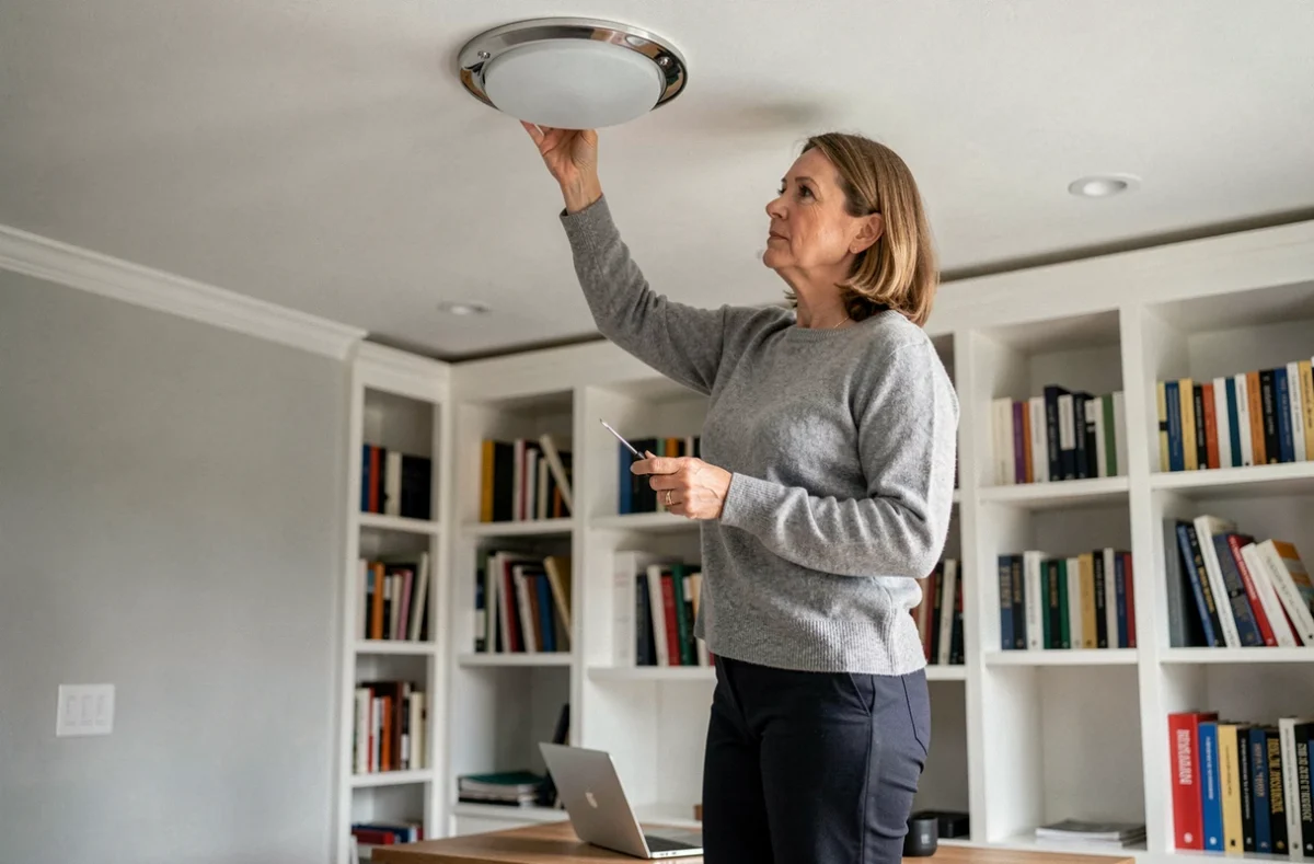 Femme installant un plafonnier halogène rond dans un bureau à domicile avec bibliothèque blanche intégrée