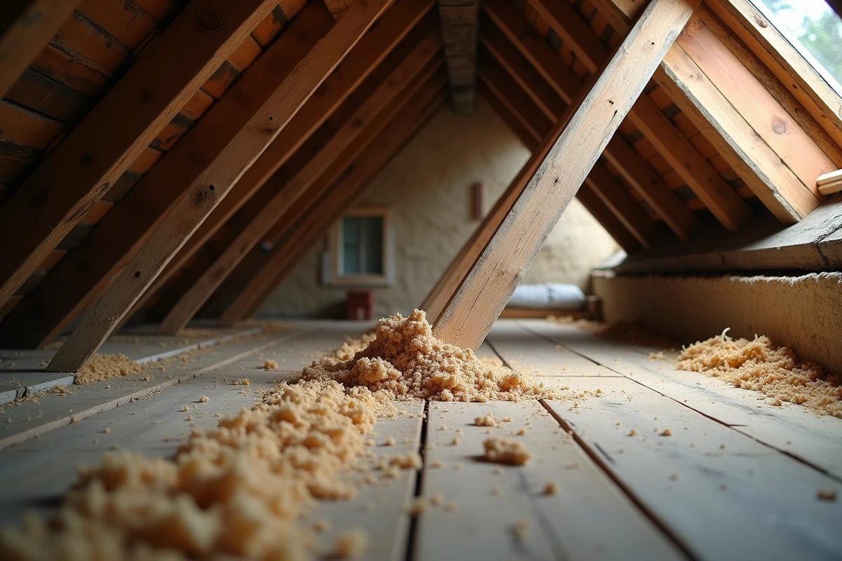 Vue intérieure d'un grenier montrant l'ancienne charpente en bois renforcée par de nouvelles pièces de bois, comparaison avant et après renforcement structurel