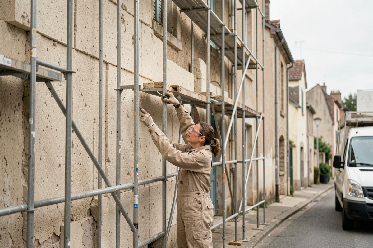 Ouvriers posant des panneaux d'isolation thermique par l'extérieur sur la façade d'une maison française