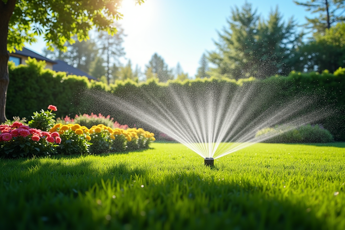 Jardin moderne avec massifs de fleurs et arrosage intelligent