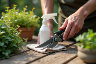Mains de jardinier nettoyant des sécateurs avec un chiffon