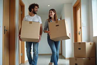 Jeune couple avec cartons dans un appartement propre