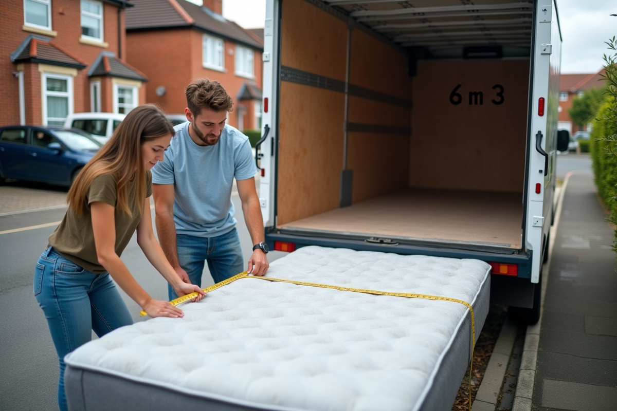 Jeune couple mesurant un matelas devant un camion de déménagement