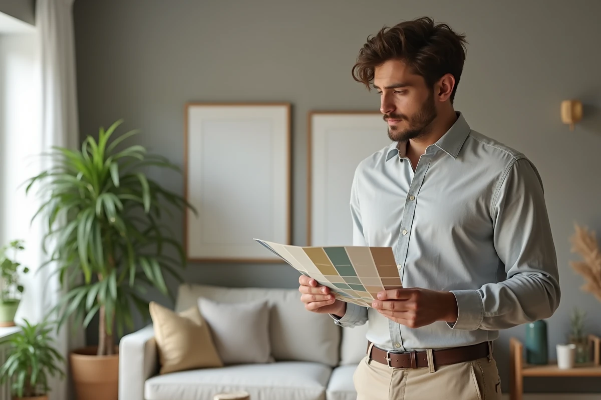 Jeune decorateur regardant une palette de couleurs dans un appartement moderne