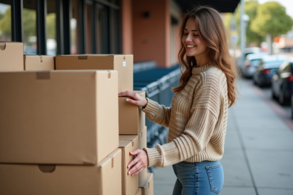 Jeune femme examine des cartons à l'entrée d'un supermarche