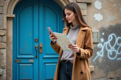 Jeune femme regardant une carte devant un vieux bâtiment avec porte bleue