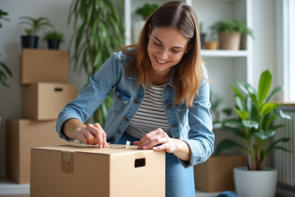 Jeune femme emballant une boxe en carton dans un appartement lumineux