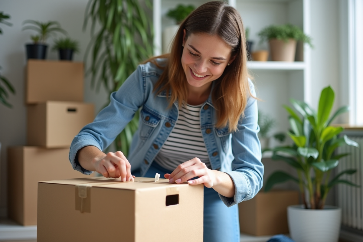 Jeune femme emballant une boxe en carton dans un appartement lumineux