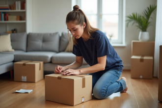 Jeune femme en t-shirt bleu emballant une caisse en carton
