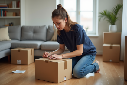 Jeune femme en t-shirt bleu emballant une caisse en carton