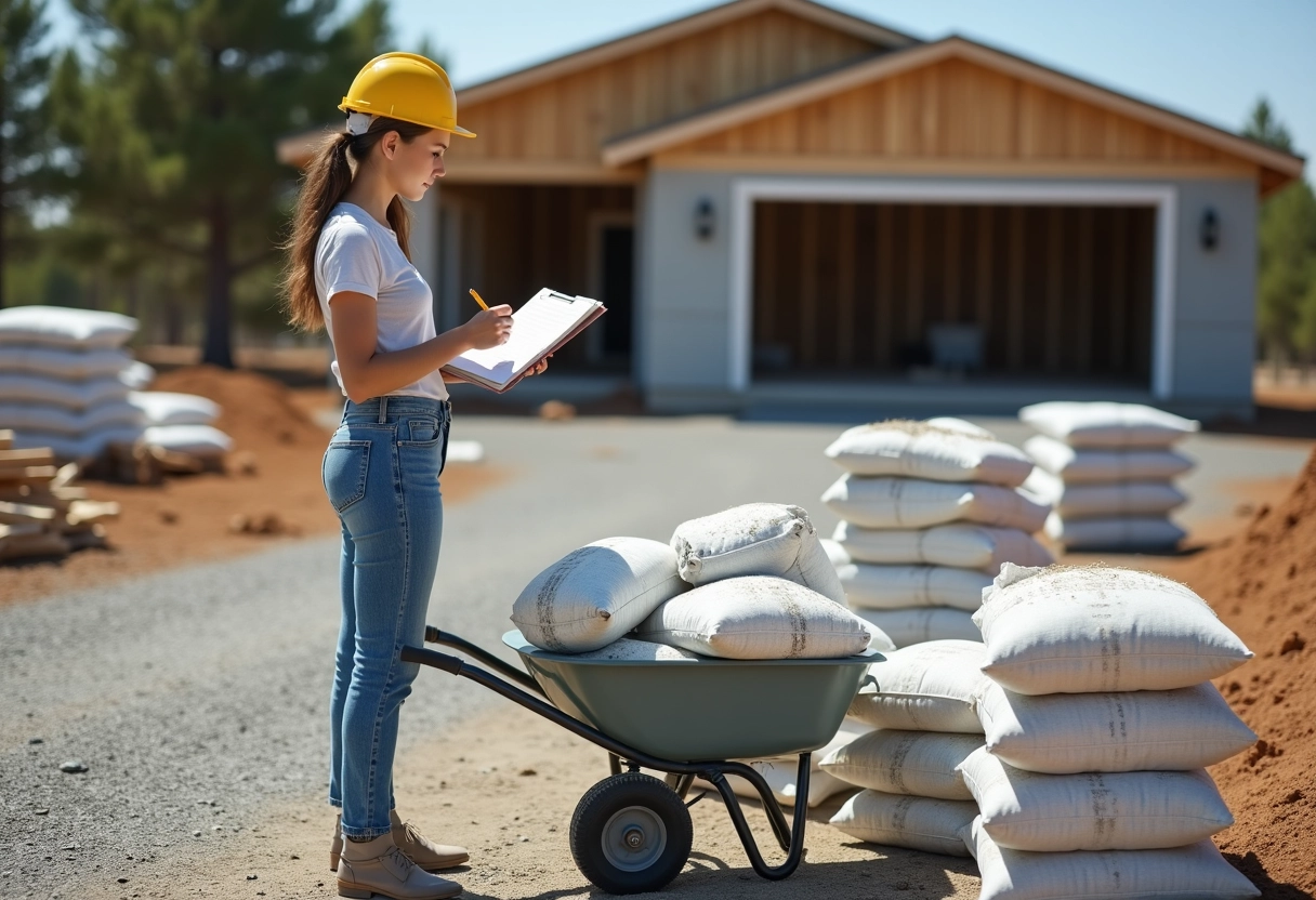 Jeune femme observant un chantier avec un carnet de notes