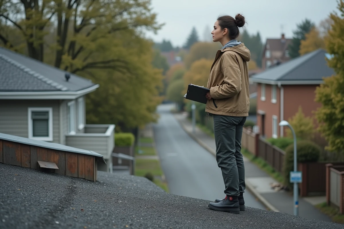 Jeune femme regarde son toit en gravier avec un clipboard
