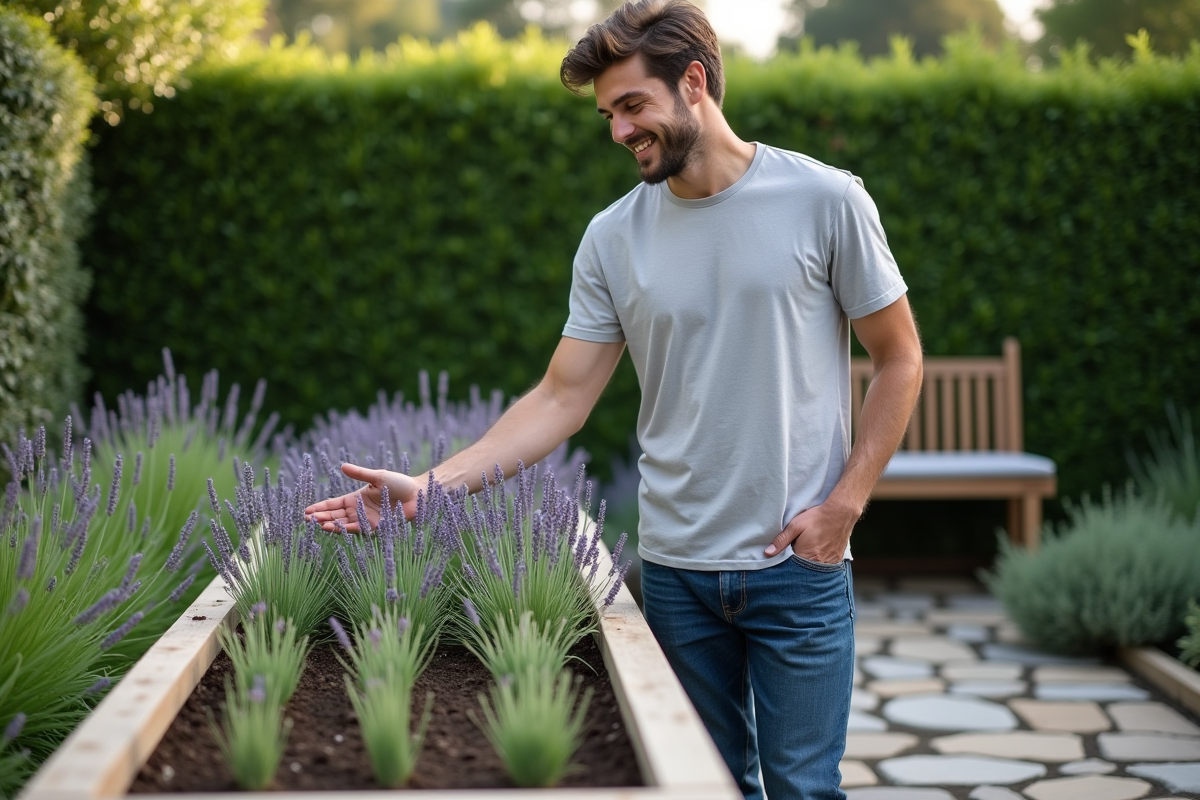 Jeune homme en jeans inspectant un lit de lavande dans un jardin domestique