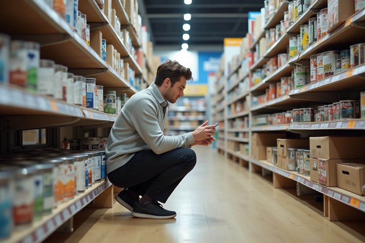 Jeune homme lit une étiquette de peinture dans un magasin
