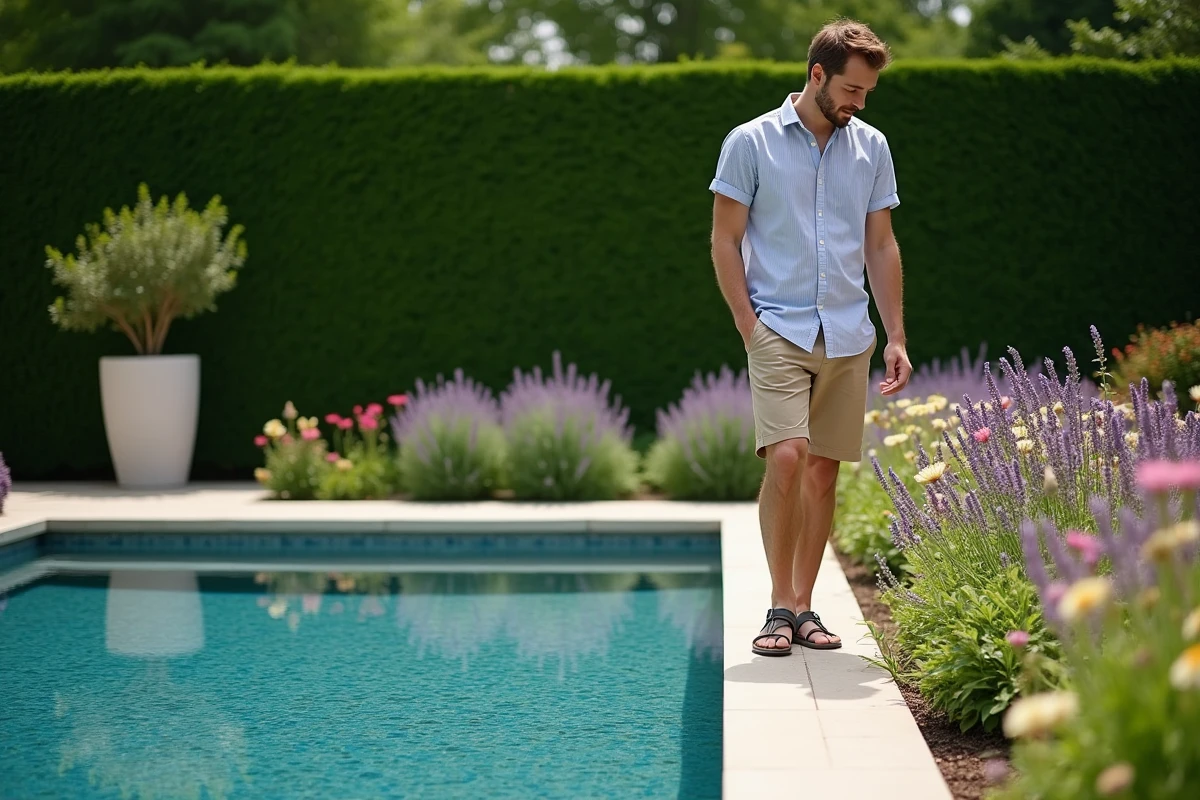 Jeune homme examine les plantes près de la piscine