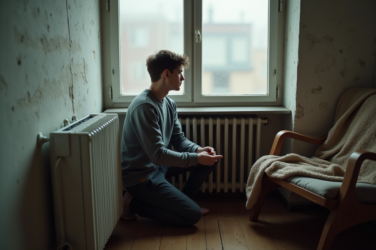 Jeune homme vérifiant un radiateur dans un appartement ancien