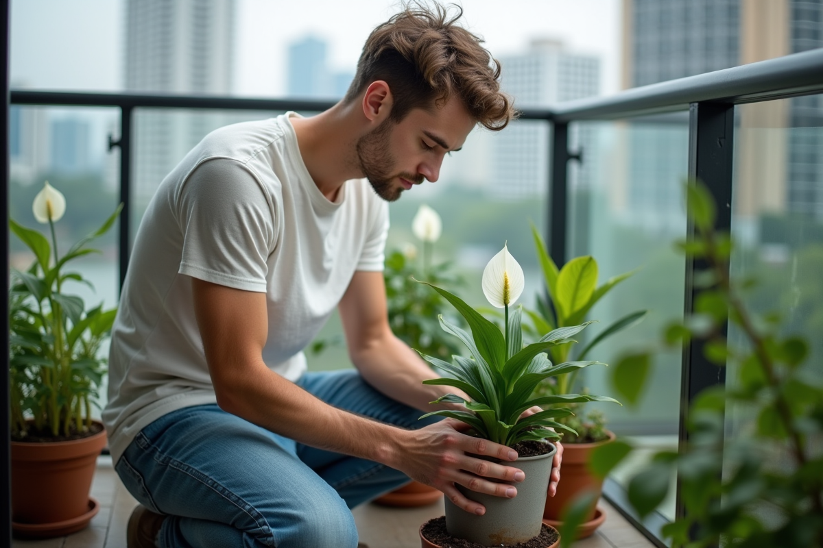 Jeune homme repotant une peace lily sur un balcon urbain