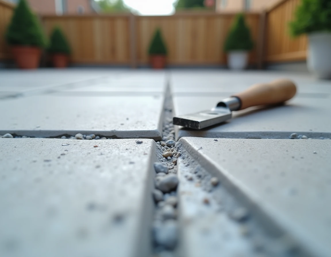 Gros plan sur un joint de dilatation extérieur rempli de mastic souple entre des carreaux de terrasse en grès cérame texturé