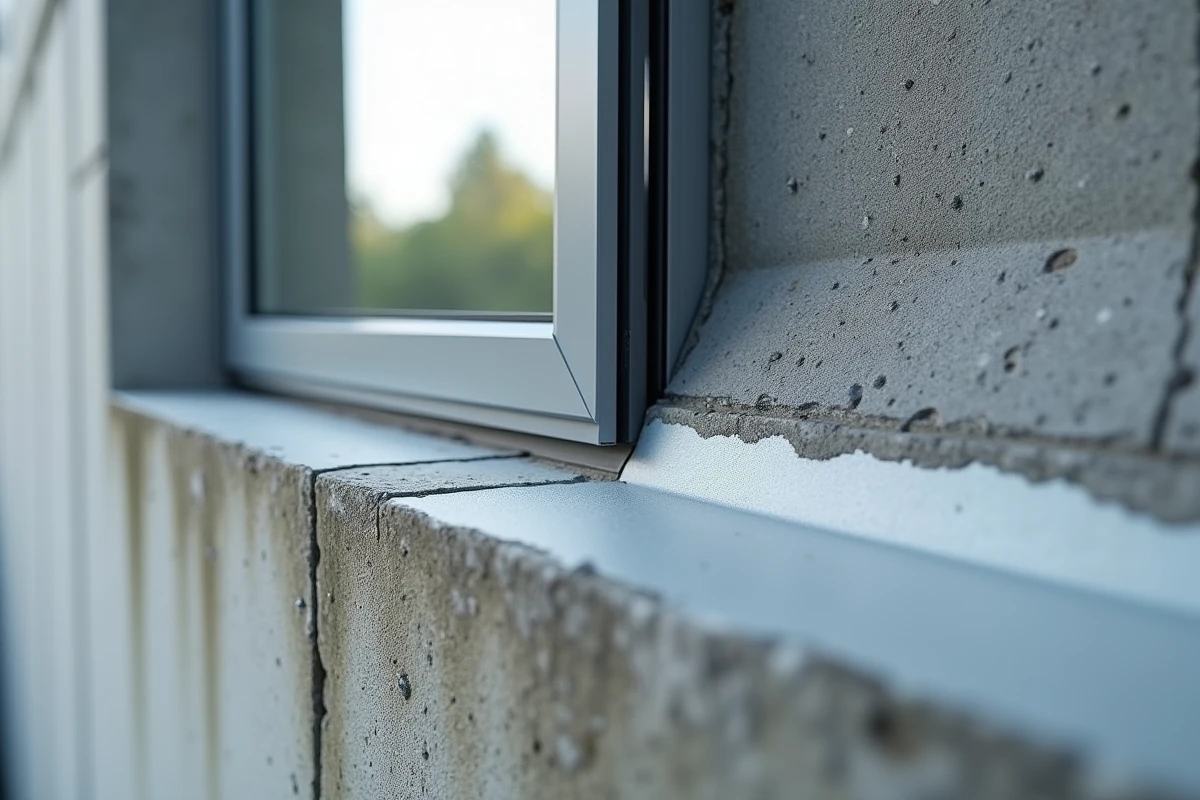 Détail d'un joint de façade avec fond de joint et mastic silicone ignifuge conforme, sans mousse expansive, sur un mur en béton