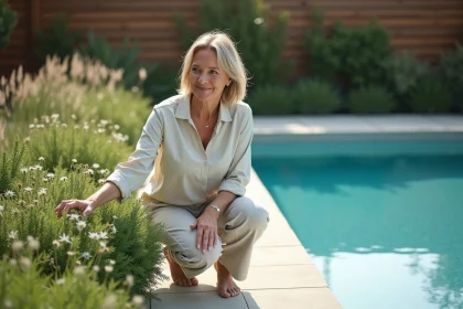 Femme en linen près de la piscine moderne et végétation