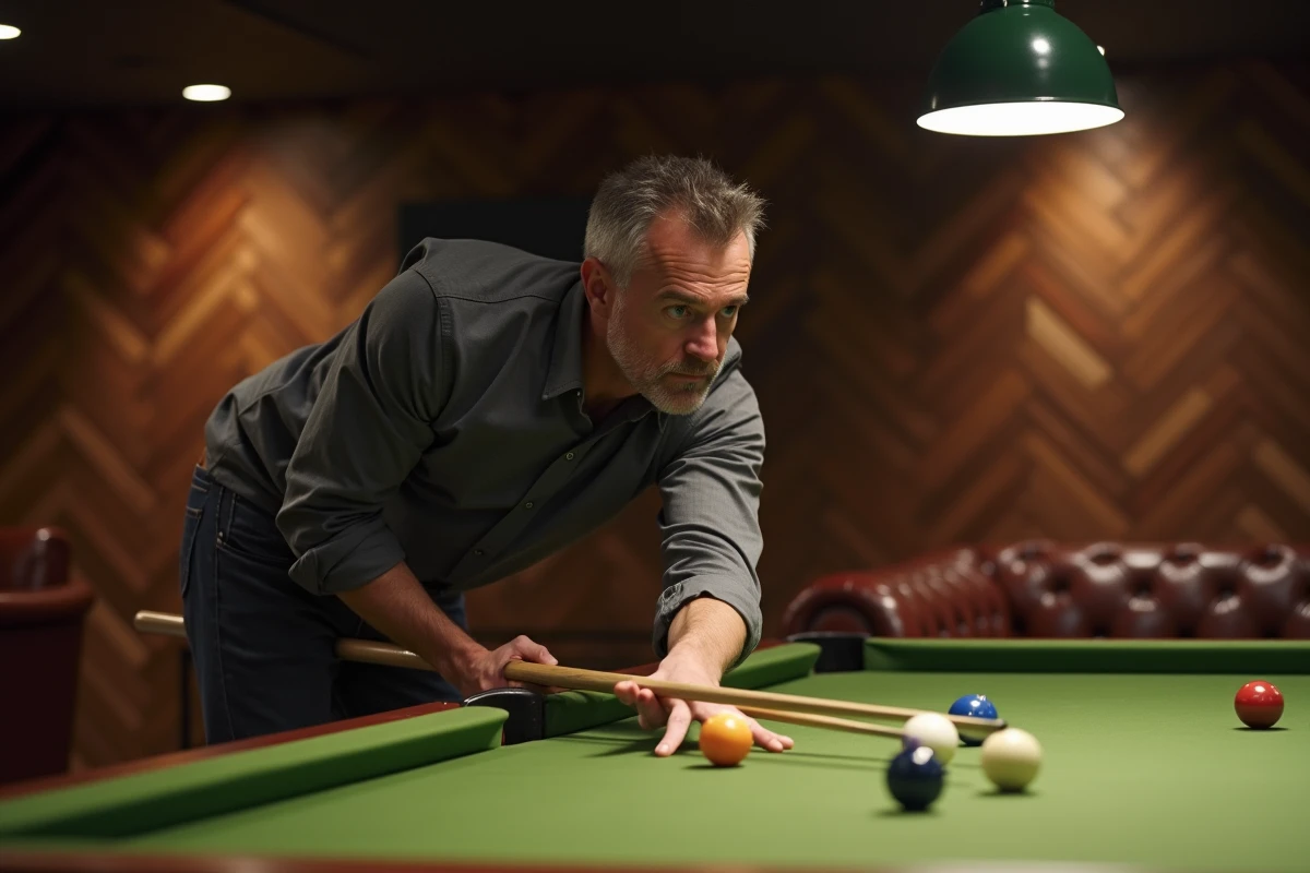 Homme jouant au billard américain dans une salle de jeux raffinée avec lambris bois et table en feutre vert