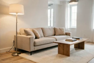 Lampadaire halogène pied chromé dans un salon moderne avec canapé en lin beige et parquet chêne clair