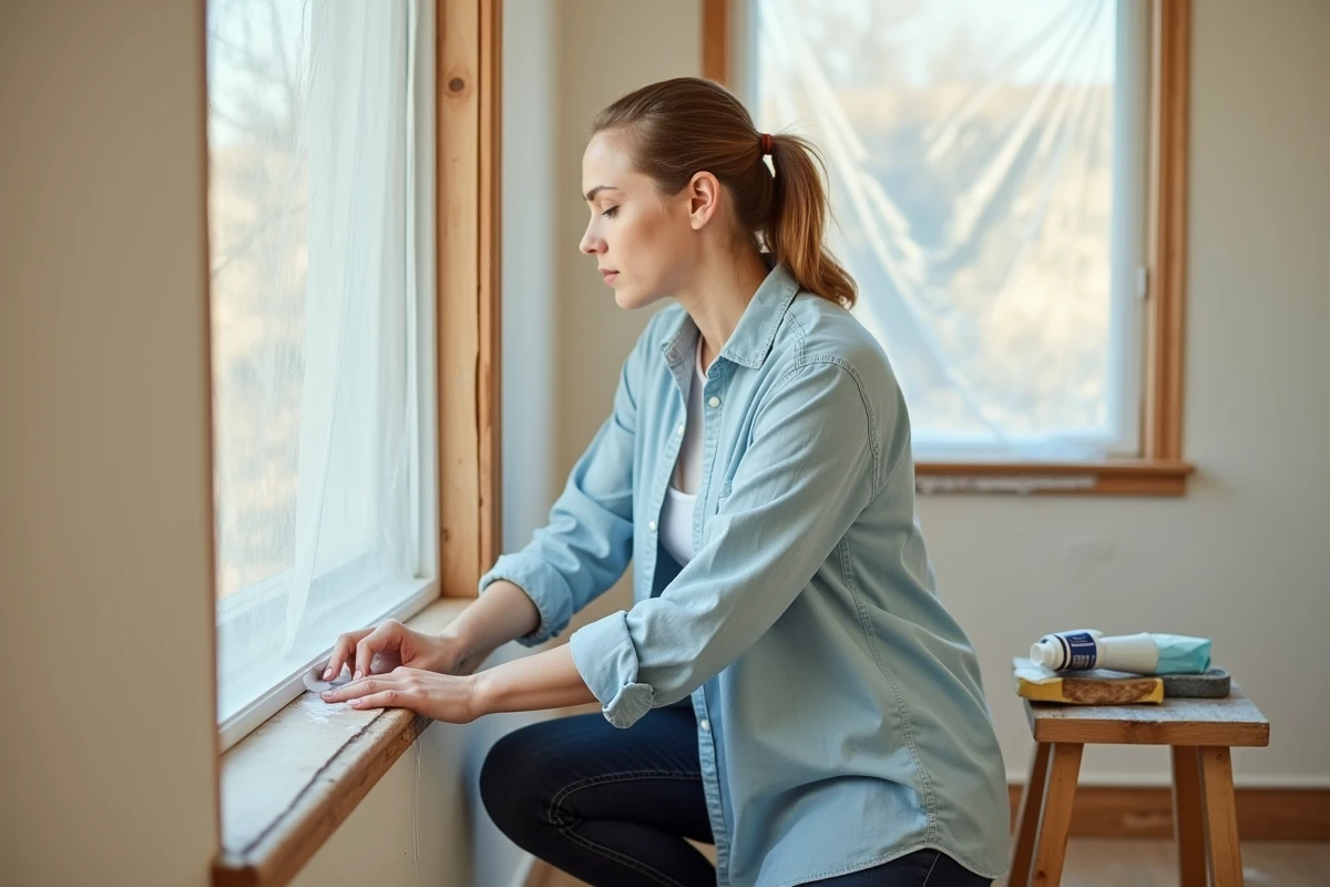 Femme lissant un joint acrylique au doigt humide sur un encadrement de fenêtre en bois dans un bureau en rénovation
