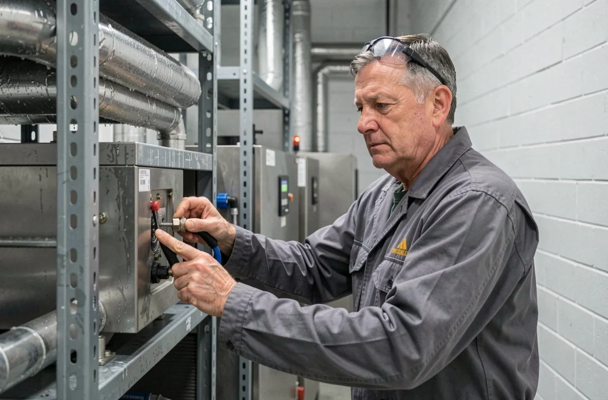 Technicien en froid commercial et industriel effectuant la maintenance d'un groupe frigorifique dans un entrepôt