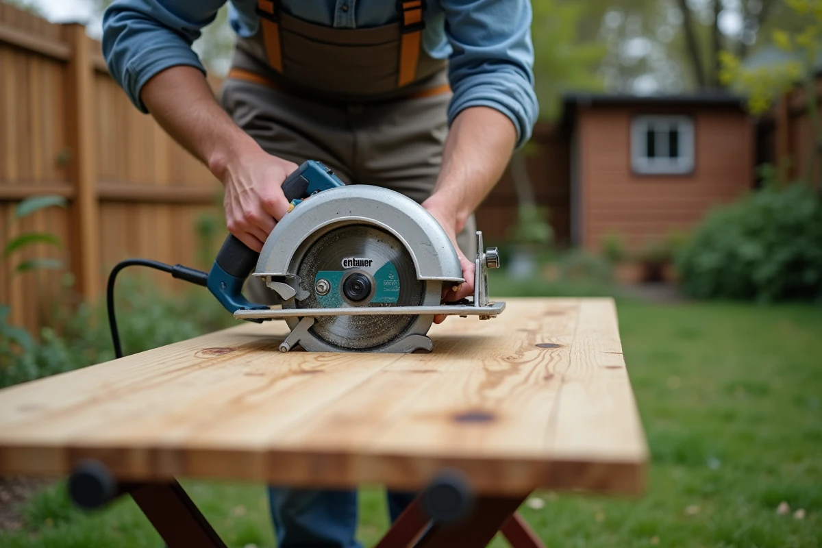 Gros plan sur des mains tenant une scie circulaire Erbauer lors d'un projet de bricolage en extérieur