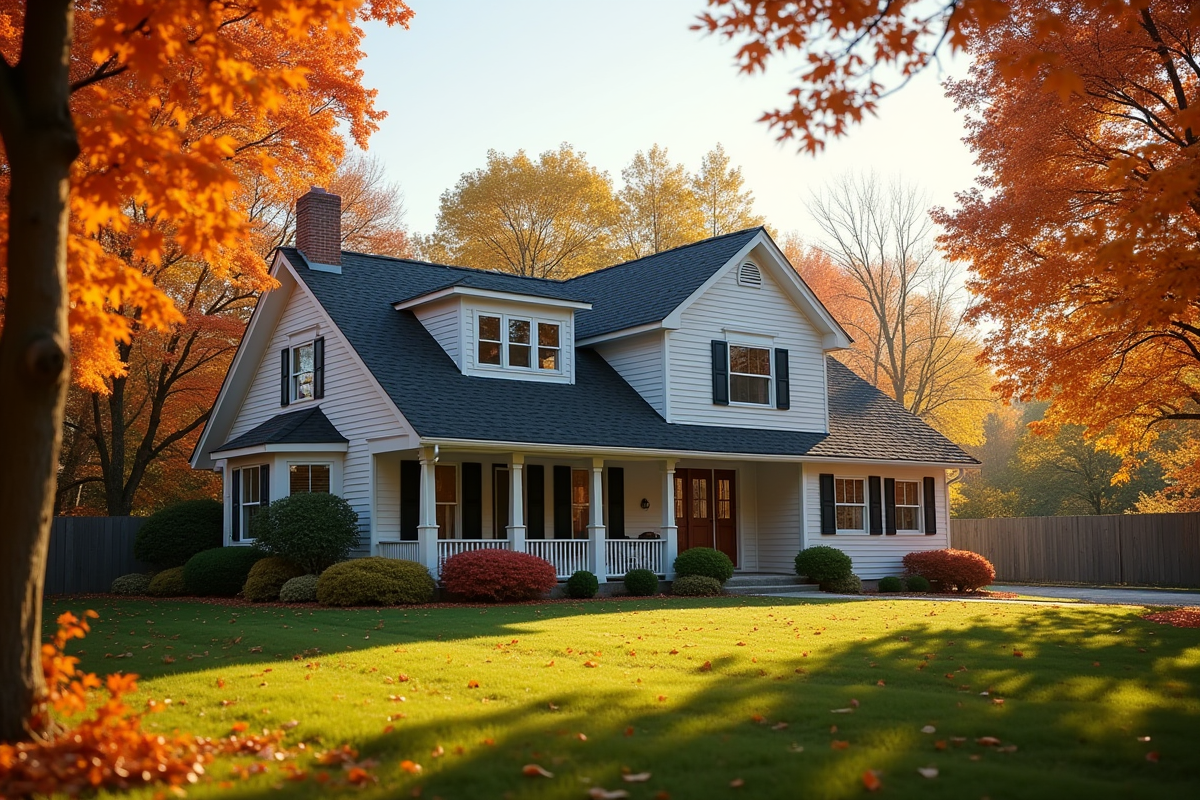Maison avec toit neuf entourée de feuillage d automne en couleurs chaudes