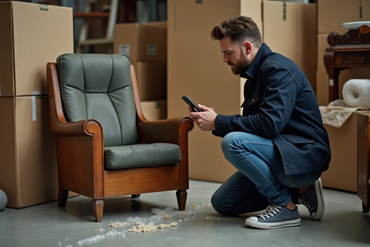 Homme évaluant un fauteuil mal présenté dans la réserve d'un dépôt-vente, illustrant les erreurs de mise en valeur des objets