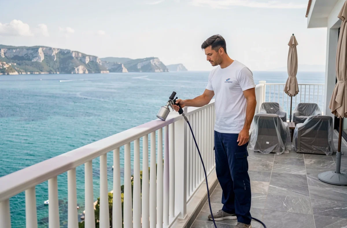 Peintre de Méditerranée Peinture appliquant une peinture en spray sur une balustrade de terrasse de villa moderne avec vue sur les calanques