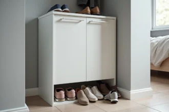 Meuble à chaussure Nano gain de place mal utilisé dans une entrée étroite avec des chaussures débordant sur le sol