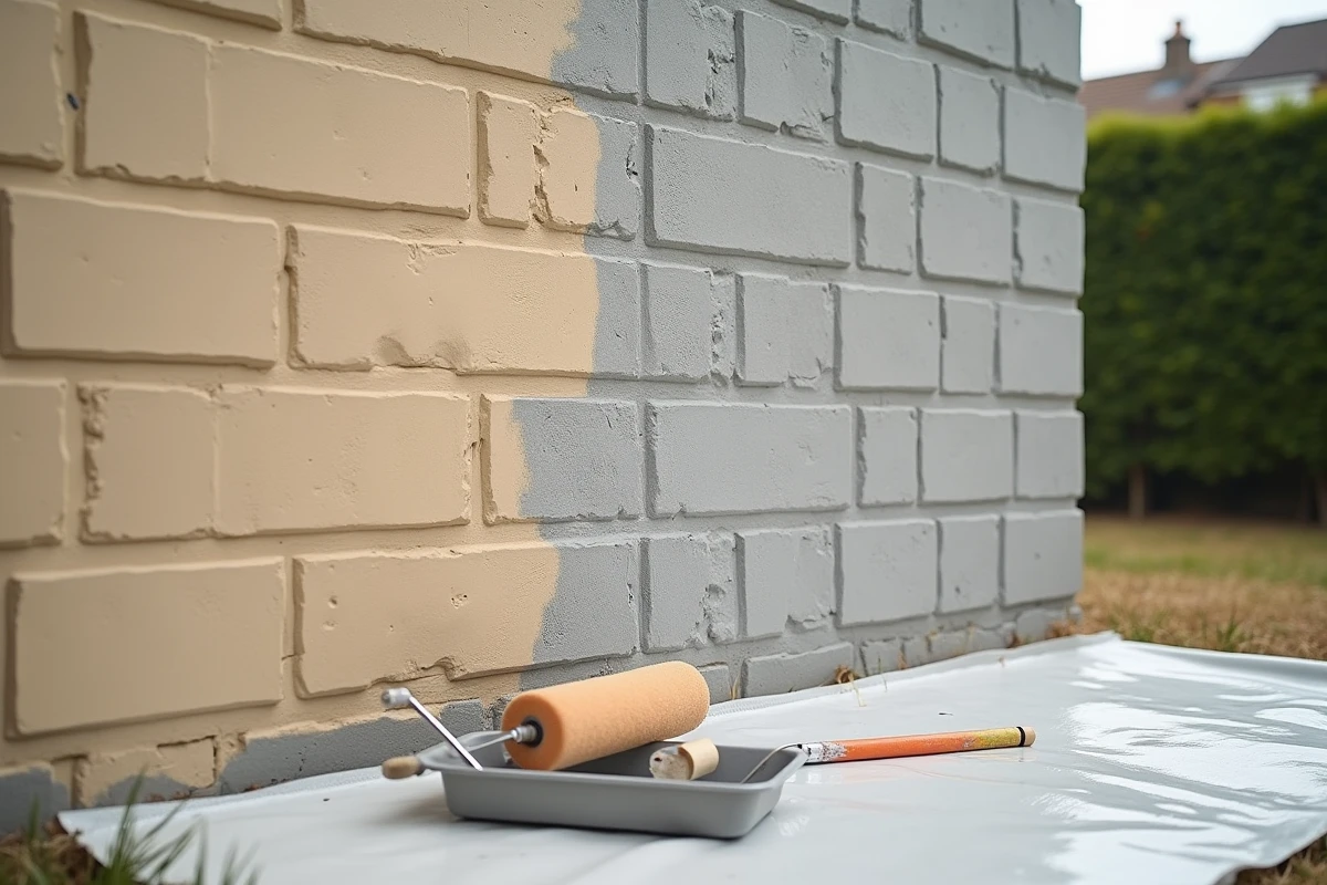 Mur en parpaing extérieur à moitié peint montrant la différence entre la surface brute et la surface traitée sans reprises